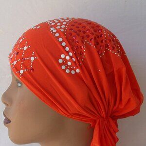 Orange Pre-Tied Stud Chemo Cap Slip On Bonnet Hijab Undercap #1